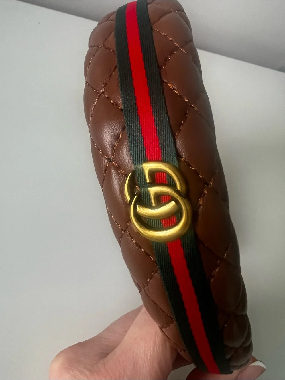 Gucci Quilted Brown Leather Headband with Red and Green Web Stripe